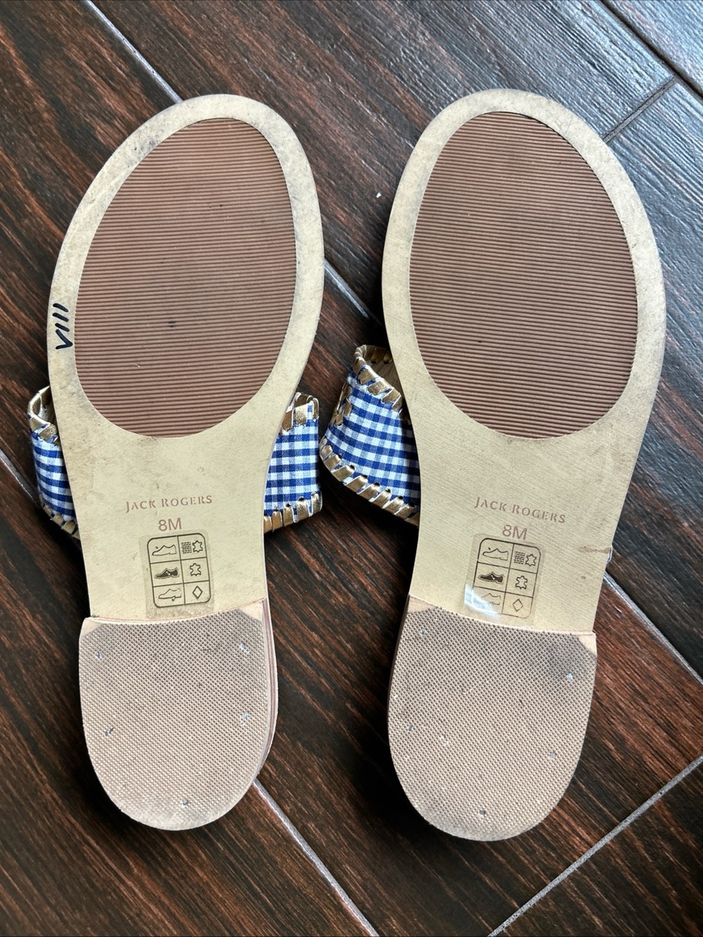 Jack Rogers Blue Gingham Katelyn Slide Sandals with Gold Trim - Picture 4 of 4